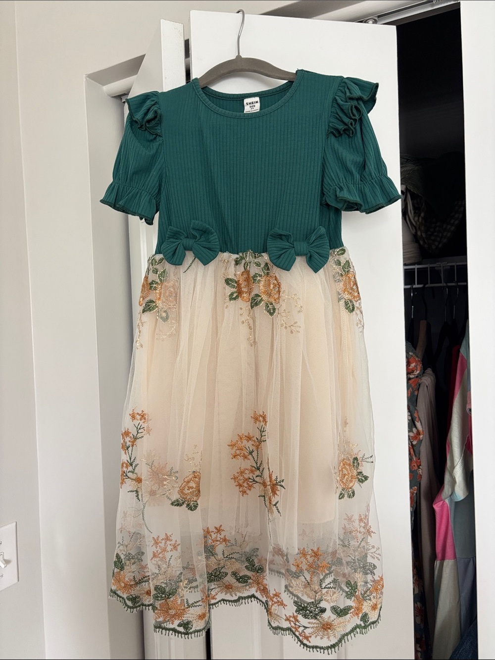 SHEIN Green Bodice Cream Tulle Floral Party Dress